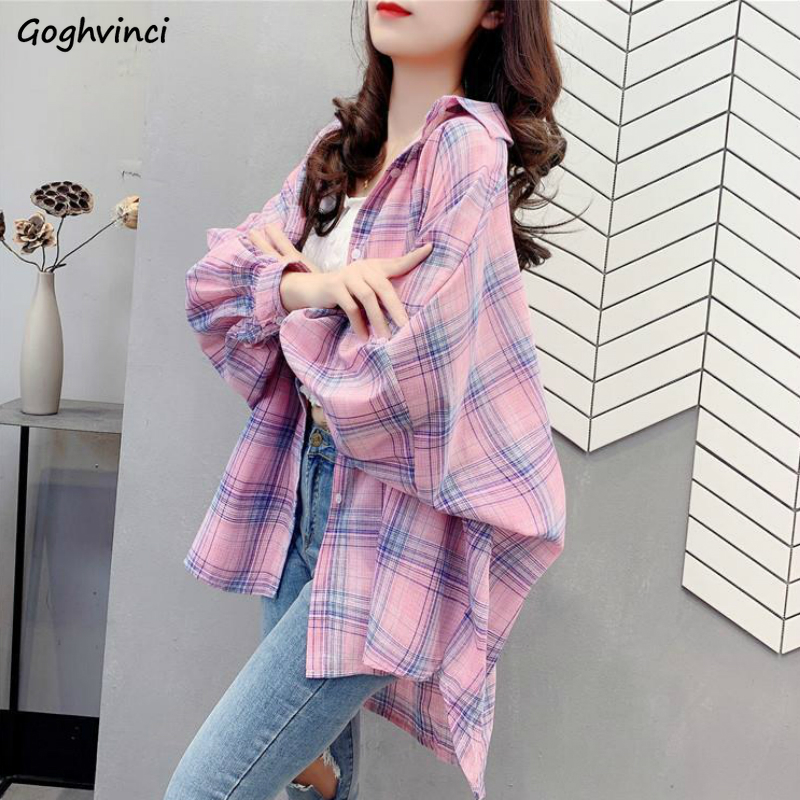 

Blouses Women Shirts Spring Loose Turn Down Collar Plaid Vintage Teens Stylish All-match Korean Style Oversize Womens Outwear, Blue
