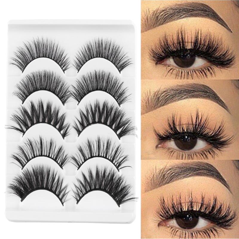 

5 Pairs 3D Faux Mink Hair False Eyelashes Volume Long Thick Cross Lashes Wispies Pure Handmade Reusable Eyelashes Extension Tool