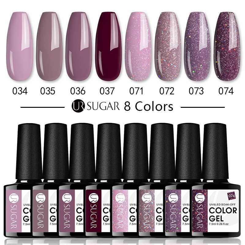 

UR SUGAR 7.5ml 8pcs Gel Nail Polish Set Glitter UV Gel Nails Long Lasting Soak Off Polish Base Coat No Wipe Top Coat