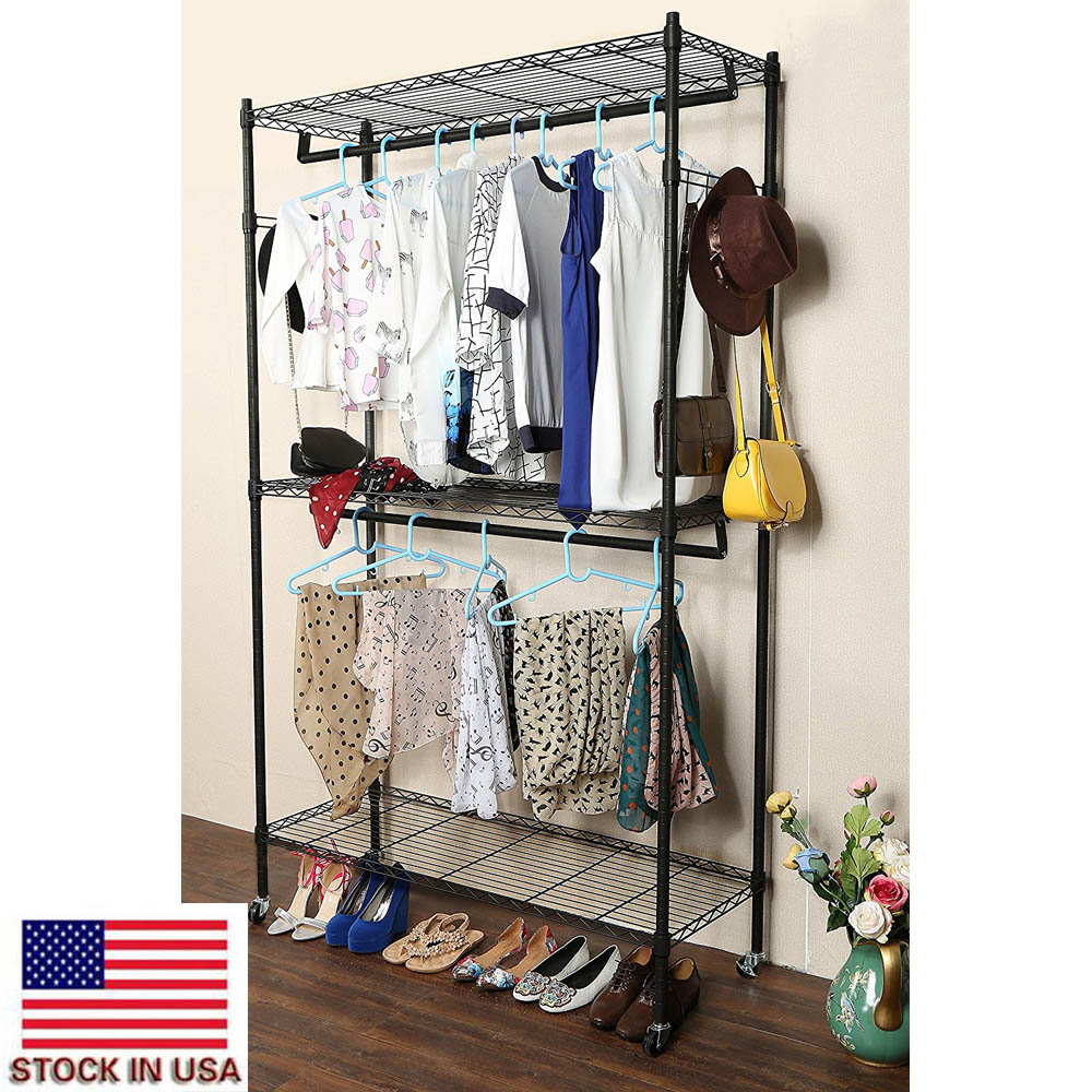 

Bedroom 2Tier Rod Closet Organizer Garment Rack Clothes Storage Hanger Shelf Hooks Black US Stock