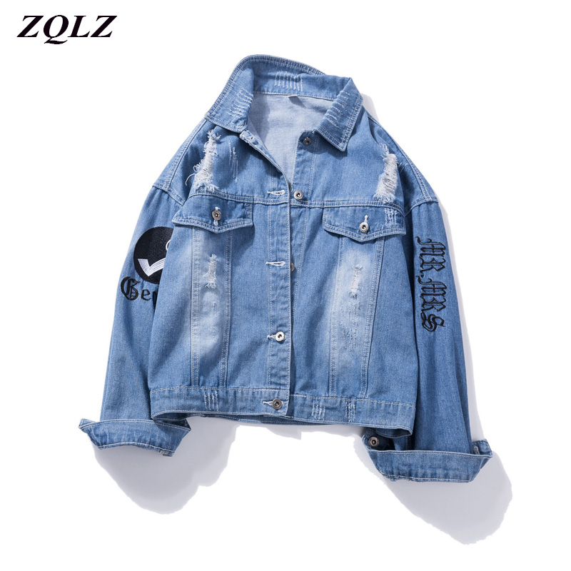 

ZQLZ Denim Jacket Women 2020 New Jeans Coat Female Loose Autumn Coats Womens Letter Embroidery Basic Frayed Ripped Jean Jacket, Blue