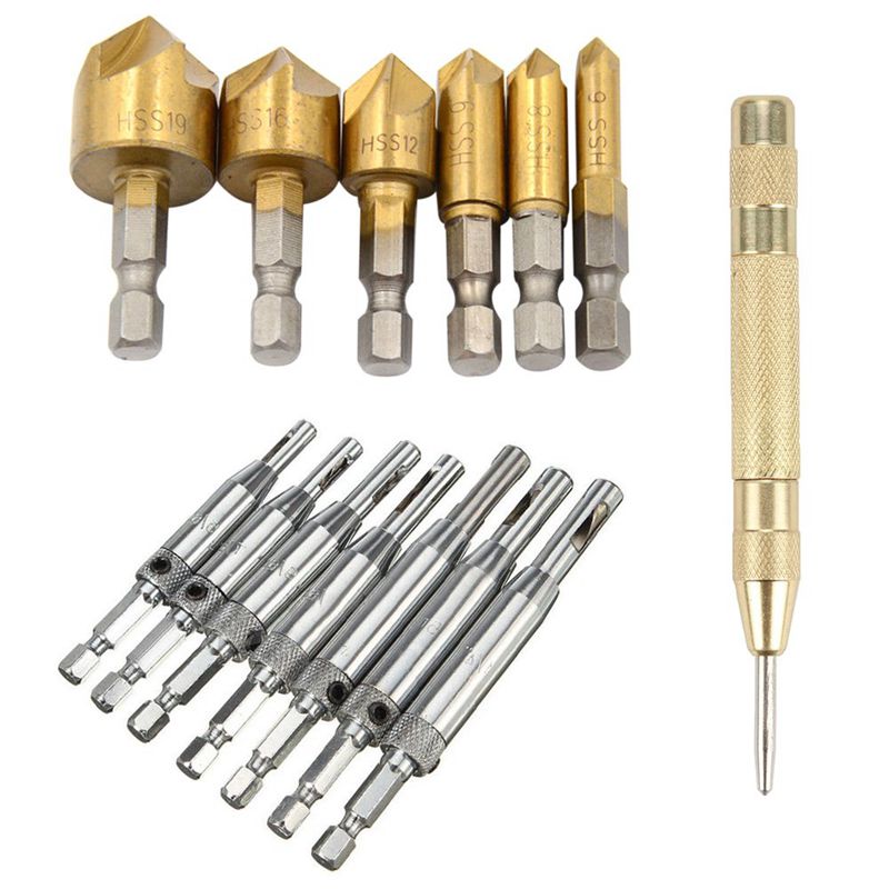 

Drill Bit Set For Wood Quick Change Bit And Automatic Spring Loaded Center Punch And Door Self-Centering Hinge Core Tapper Drill