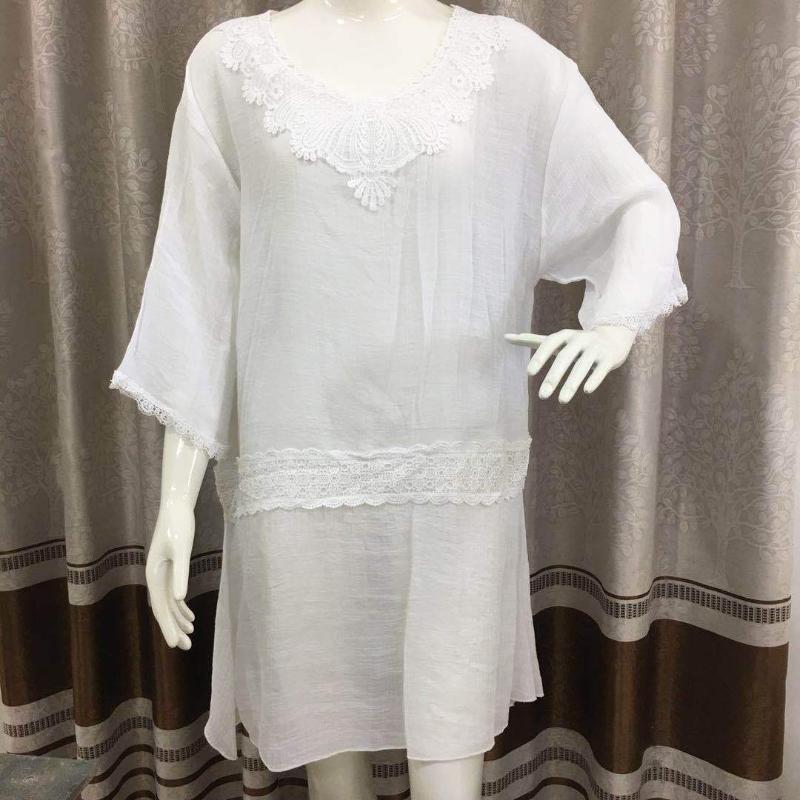 

Summer New Water Soluble Lace Stitching Slub Beach Dress Fashion Loose and Plus-sized Holiday Sun-Protective Clothing, White
