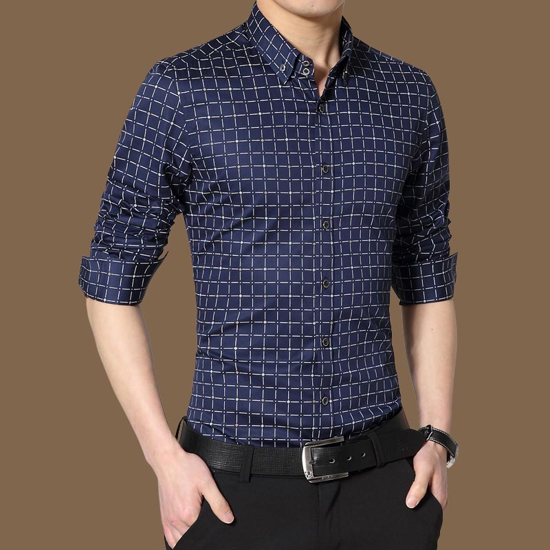 

New Autumn Fashion Brand Men Clothes Slim Fit Men Long Sleeve Shirt Plaid Cotton Casual Shirt Social Plus Size M-5XL, Black