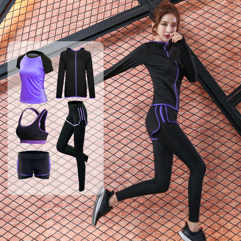 

ISIYUAN Yoga Set Sportsuit women Hooded tracksuit sweat Pant Suit 5 piece clothing set sport suit women Running Gym