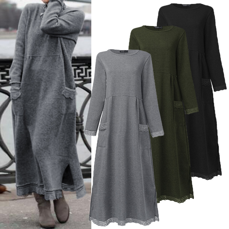 

2020 ZANZEA Fashion Lace Stiching Sweatshirts Dress Women's Autumn Sundress Female Fleece Maxi Vestidos Plus Size Pullover 5XL, Black