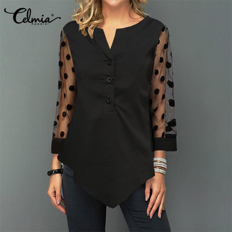 

Celmia Fashion Women Polka Dot Print Blouse 3/4 Sleeve Tunic Tops Plus Size Sexy Lace Shirts Casual Loose Elegant Party Blusas, Black