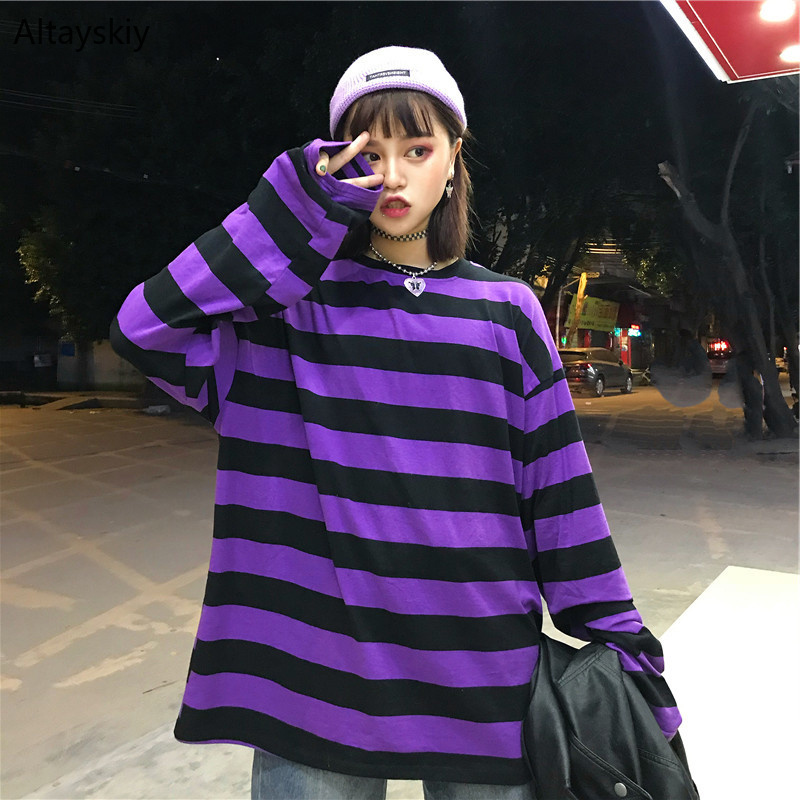 

Hoodies Women Retro Trendy Striped All-match Korean Style Ladies Harajuku Soft Clothing Casual Hoodie Students Long O-Neck Daily, Purple