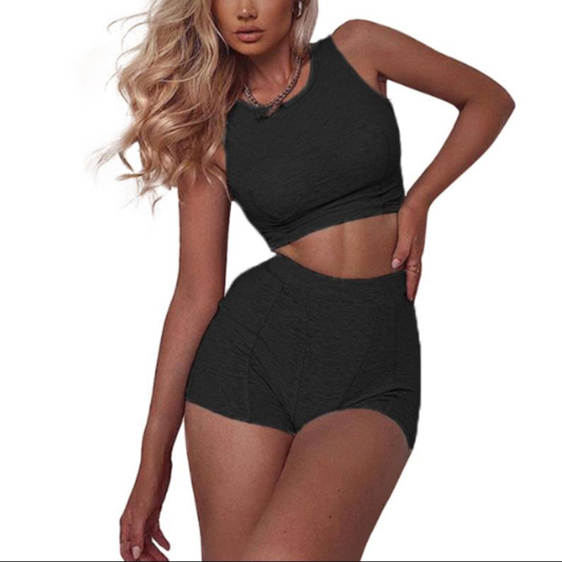 

Two Piece Outfits for Women Sleeveless Solid Color Crop Tops + Shorts Set Tracksuit Female Summer Clothes, Black