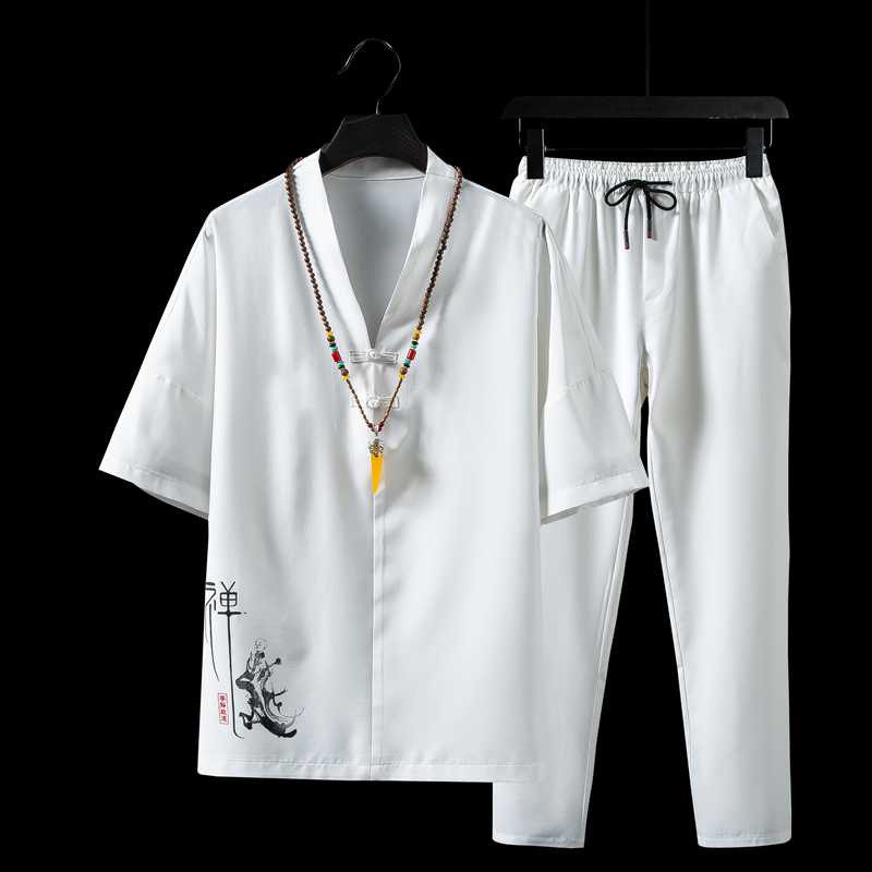 

White retro mens two-piece set summer black gray men fashion tshirt and Drawstring lacing pants large size s-5xl