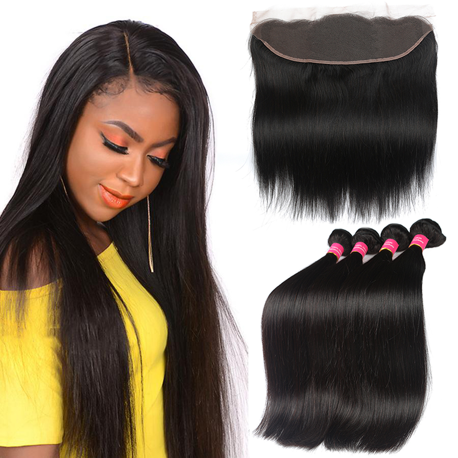

Brazilian Straight hair human hair bundles with lace Frontal Ear to Ear Lace Frontal Closure body wave Virgin Hair 13x4 Frontal With Bundles, Straight with frontal