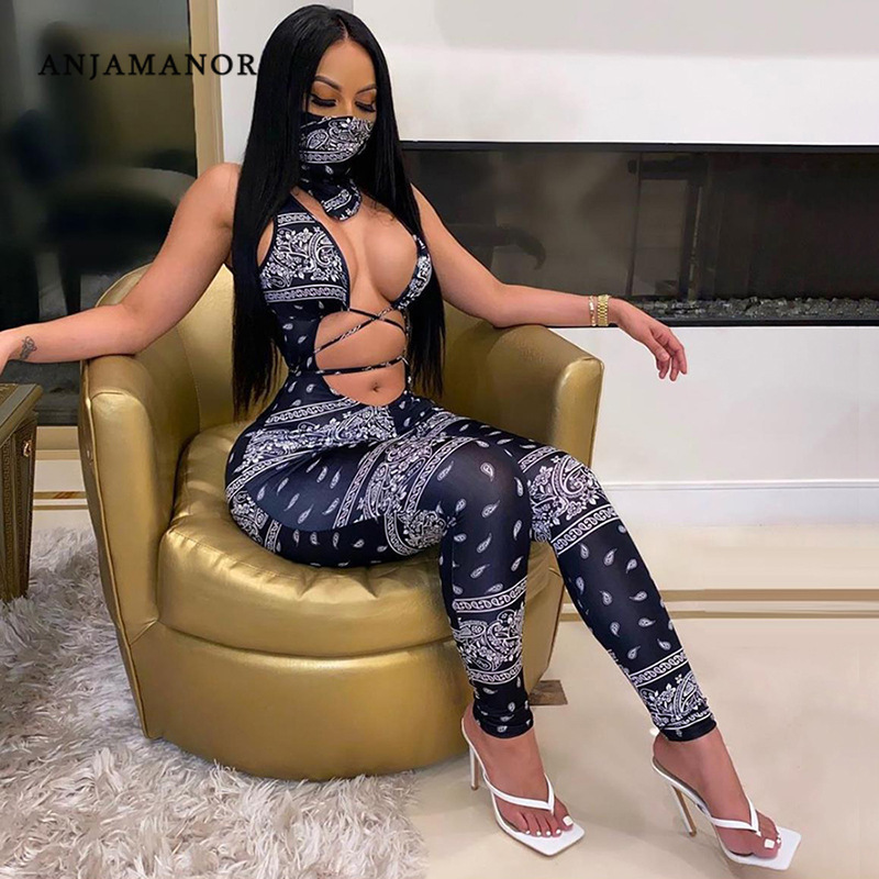 

ANJAMANOR Bandana Print Sexy Jumpsuits Women Clothes Deep V Neck Hollow Out Bodycon Rompers Club Wear One Piece Outfit D87-CZ26 T200723, Black