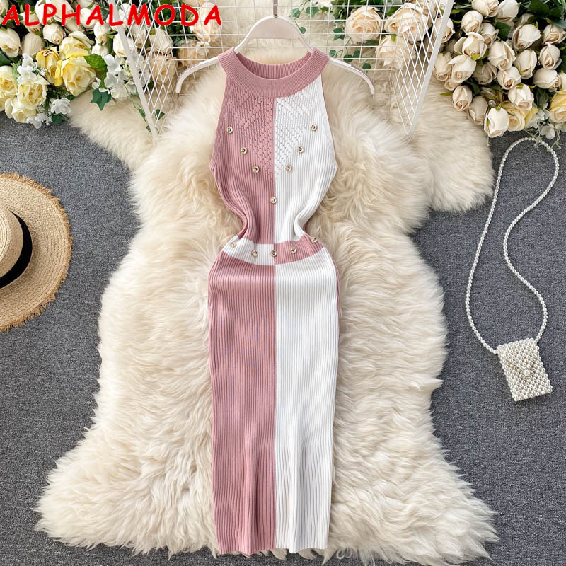 

ALPHALMODA 2020 Autumn Women' Block Color Button Trim Sleeveless Halter Neck Retro Knit Dress Slim Body-con Chic Dress, Black