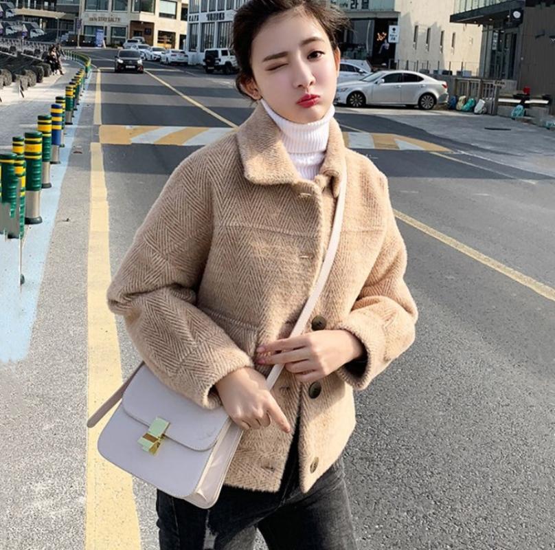 

Jacket Female Short Section 2020 New Autumn And Winter Loose Thickened Lapel Knitted Cardigan jacket tide khaki pink