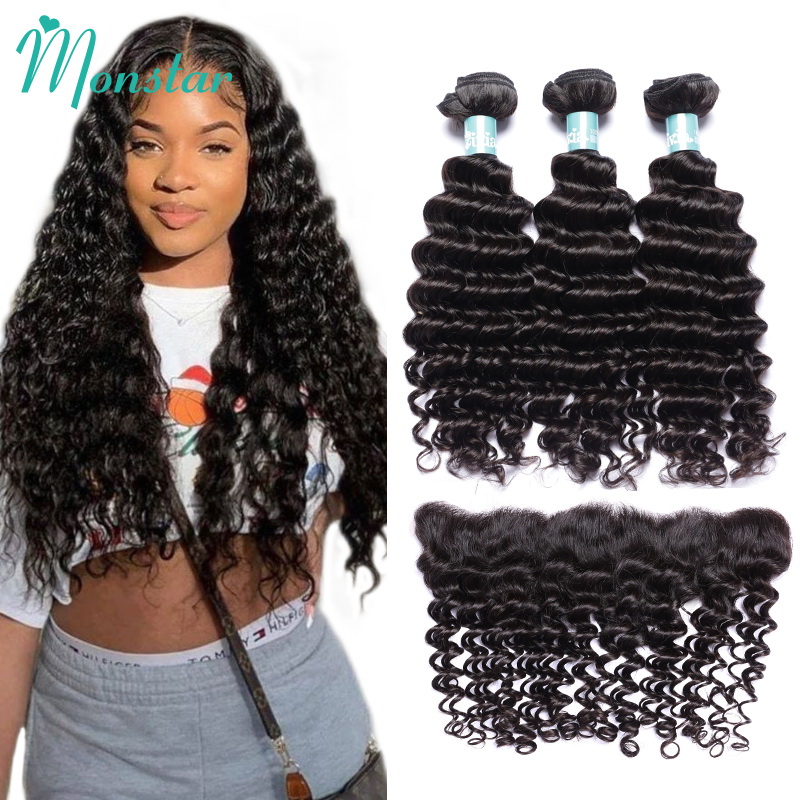 

Monstar Hair Peruvian Deep Wave Bundles with Frontal Natural Color Unprocessed Remy Hair Ear to Ear Curly Frontal with Bundles