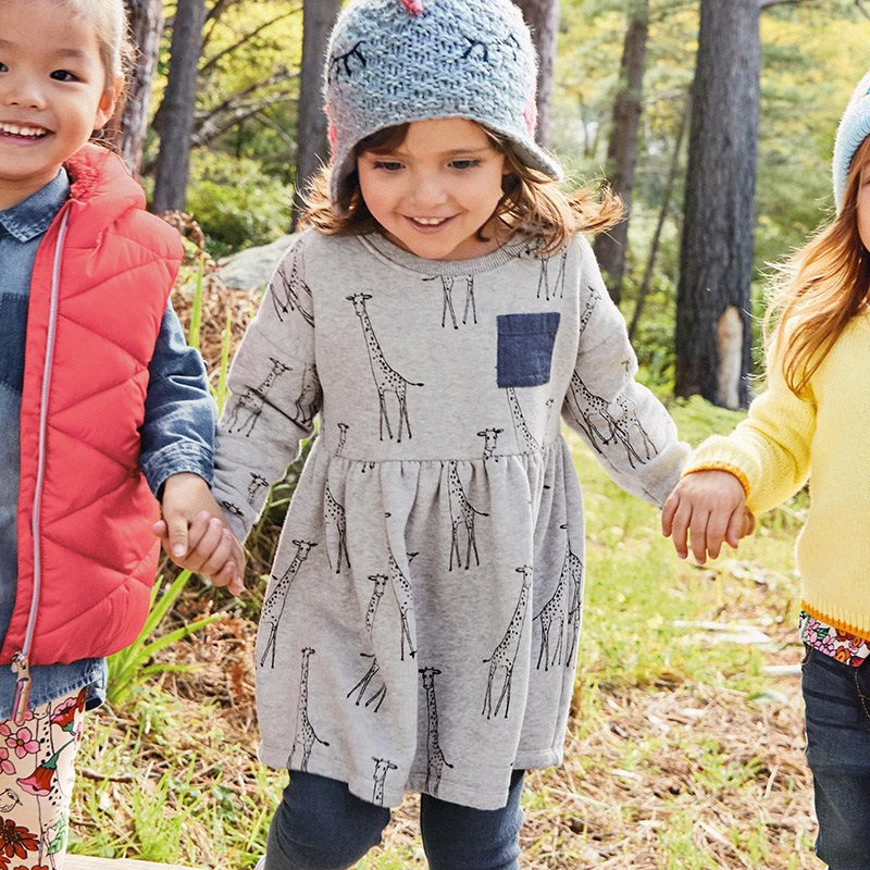 

2-7 Years Girls Long Sleeve Dress Spring Autumn Cotton Cute Giraffe Printing Casual Dresses Kids Clothing KF641, As pic