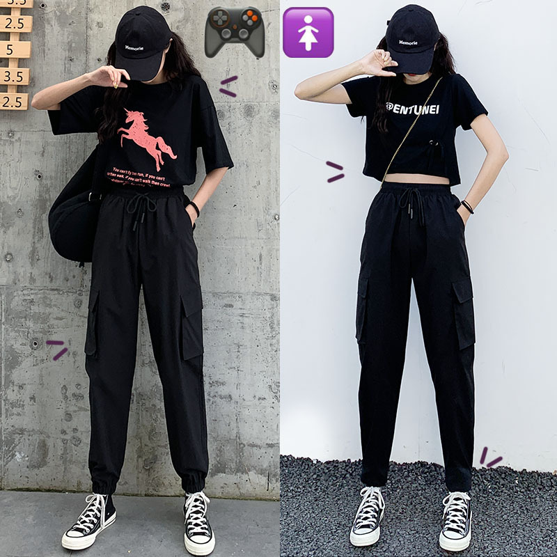 

Bib Overall Women's Pants Summer Thin High Waist Show Thin Black Capri Casual Sports Loose Beam Feet Harem Pants, As the picture