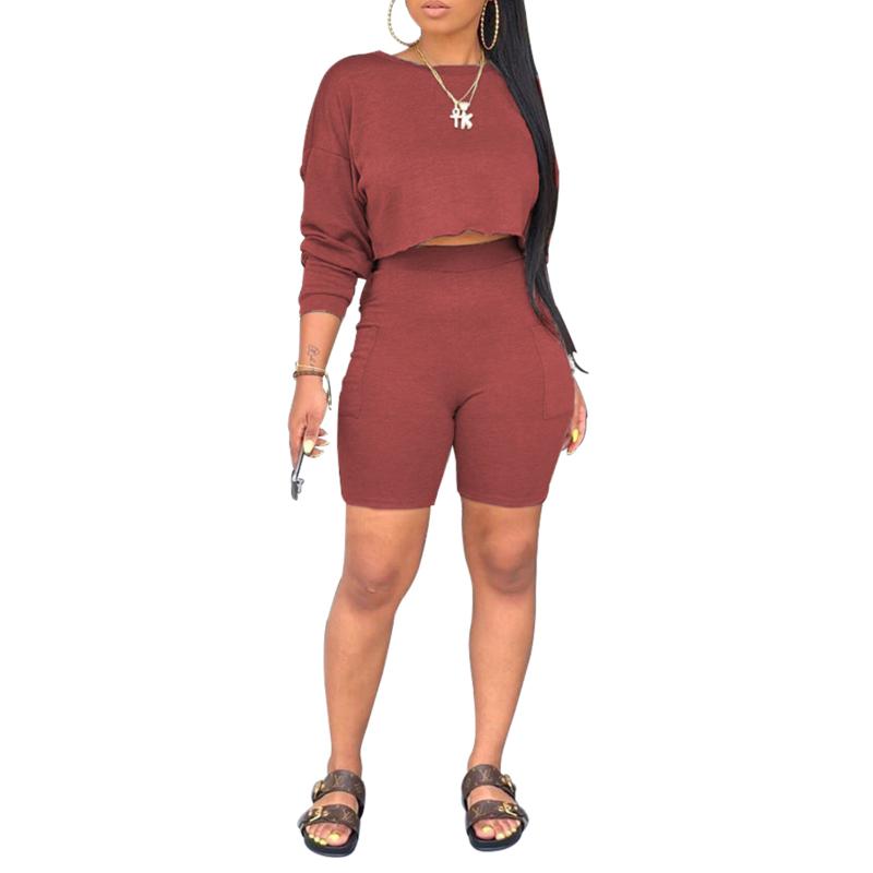 

Women Casual Long Sleeve Round Neck Pullover Tops Side Pocket Shorts Casual Style Clothes Set, Black