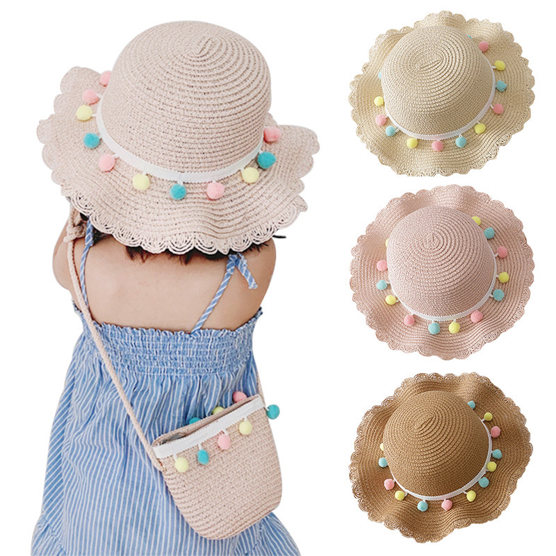 

Baby Girl Sun Hat Children Straw Hat Beanie Summer Sunscreen Cute Princess Girls Tassel Balls Kids Baby Photography Props, Beige