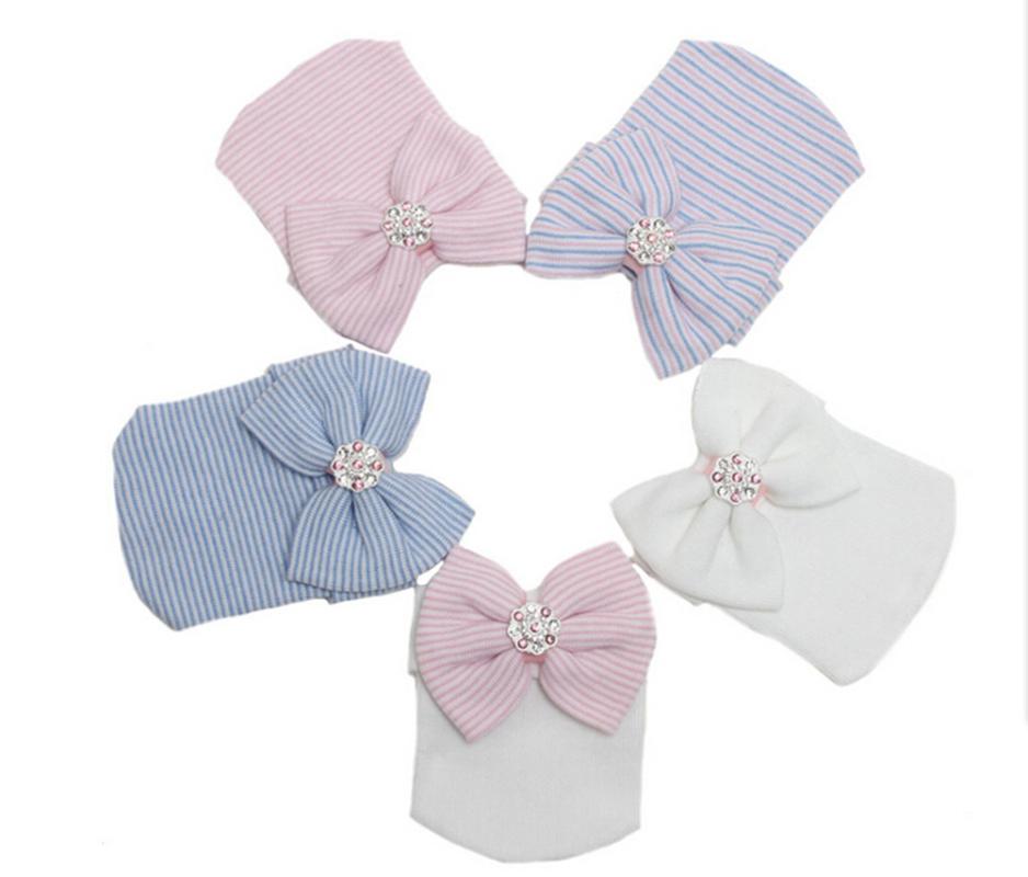 

Newborn baby hats Toddler Striped Caps Bow Beanies Soft Girls Hats Warm, White