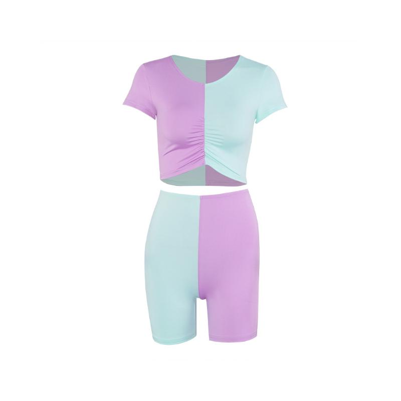 

Women Casual 2 Piece Color Block Outfit, Short Sleeve Ruched Crop T-Shirts Short Pant Tight Clothes Sets 2020 New, Lavender