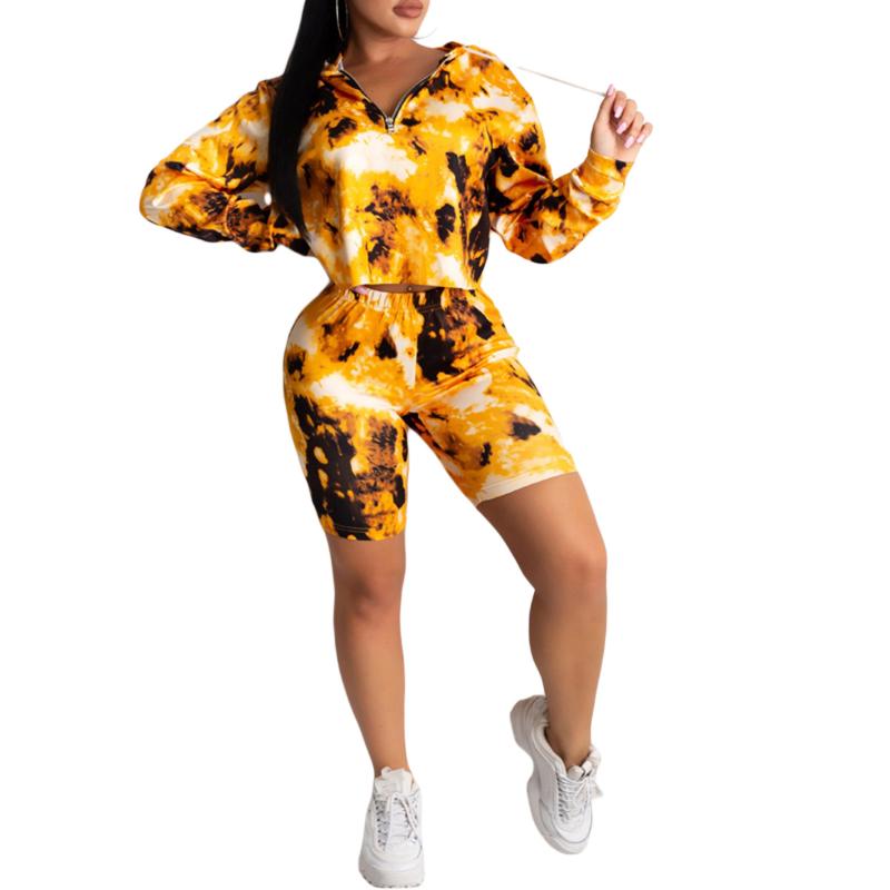

Fashion Tie Dye Print Casual Sports Two Piece Set Women Long Sleeve Hooded Sweatshirt Top+Shorts Running Outfit Streetwear