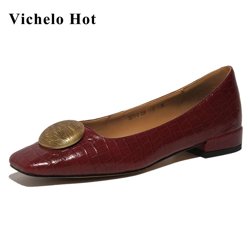 

Vichelo Hot genuine leather square toe low heel metal decoration European design beauty lady daily wear classic women pumps L73, Black