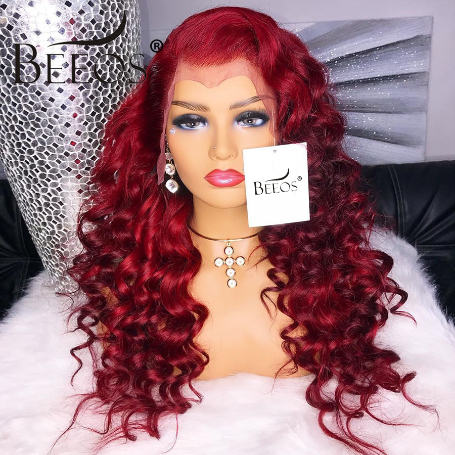 

Colored Red Deep Wave 150% 13*4 Deep Part Lace Front Human Hair Wig Lace Preplucked Brazilian Remy For Black Women, Burgundy