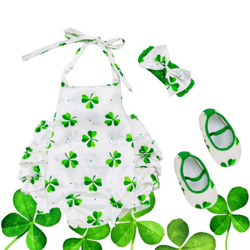 

3pcs St. Patrick's Pattern Outfits Newborn Toddler Kid Girl Print Romper Jumpsuit and Headband Clothes Set(66,0-6 Month, Green