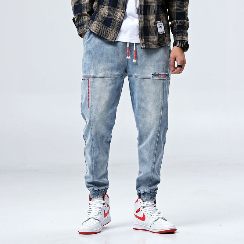 

#1461 Vintage Light Blue Pencil Harem Jeans Men Elastic Waist High Street Biker Jeans Men Ankle-length Plus Size 5XL Male