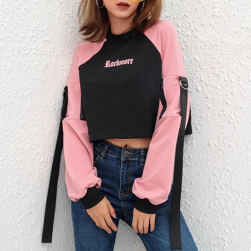 

Women Ribbon Zipper Long Sleeve Letter Printed Hoddies Contrast Color Patchwork Sweatshirt Pullover Autumn Winter Short Jumper, Pink