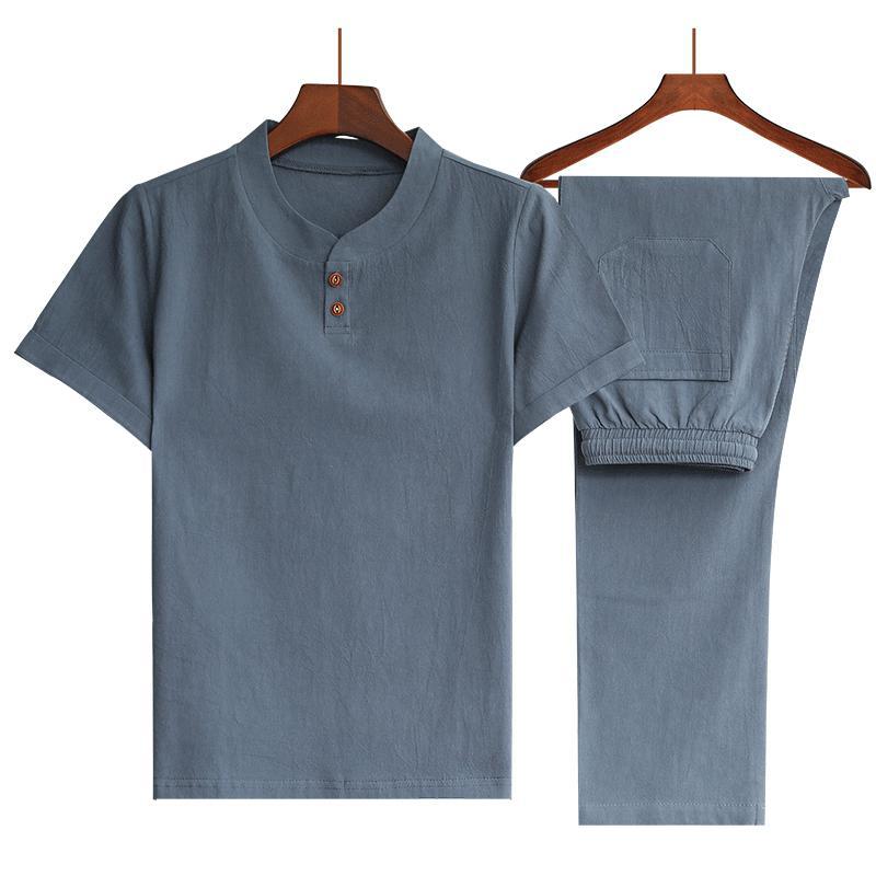 

Men Suits Summer Fashion Men Ankle Pants Set Suit Tracksuit Man Cotton And Linen Suits Short Sleeve Male Daily Solid Sets 5XL, Navy tracksuit men