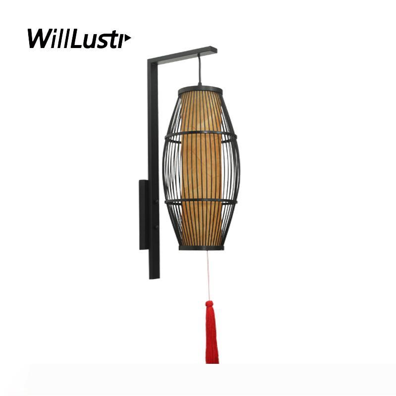 

handmade retro bamboo wall light chinese style lantern sconce staircase foyer aisle teahouse bedside corridor vintage wood lamp