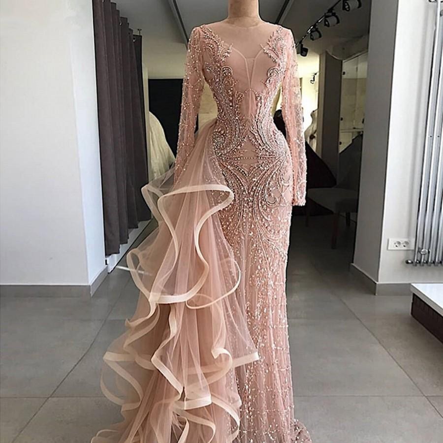 

Aso Ebi Mermaid Evening Dresses With Long Sheer Neckline Ruffles Tulle Illusion Long Sleeves Prom Dress Major Beading vestidos de noite, Water melon