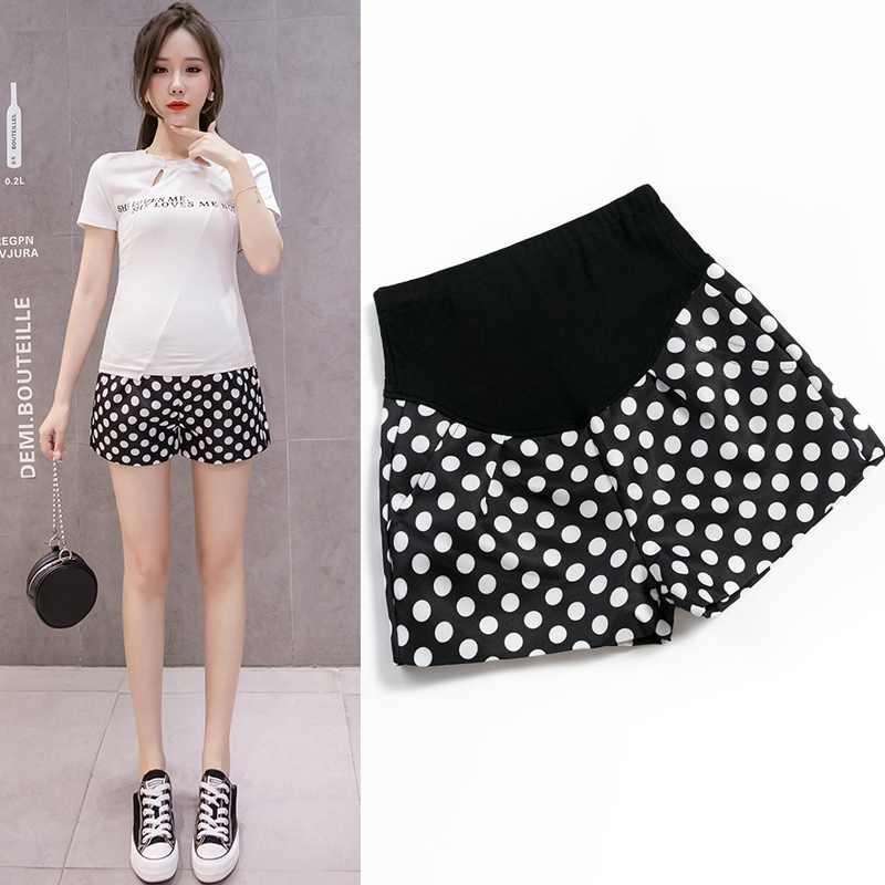 

907# Maternity Leisure thin Dot Pants summer Fashion Shorts Support Abdomen Elastic for Pregnant Women Shorts, Black
