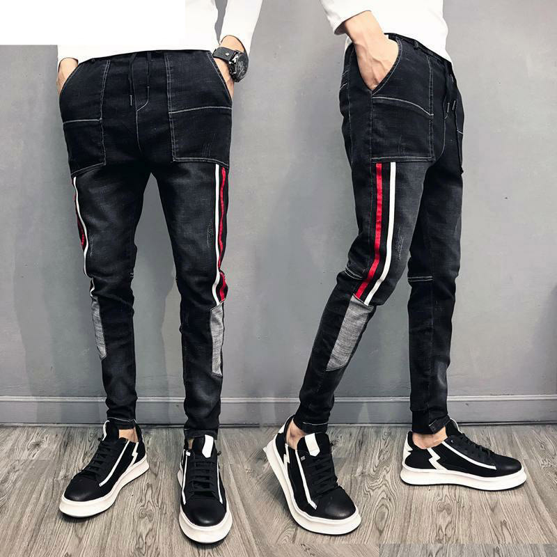

Wholesale 2020 Fashion Spirit guy jeans male Korean slim feet pants summer men's pants stripes stitching stretch denim trousers, 727