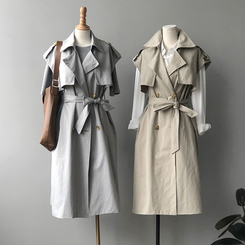 

2020 Autumn Chic Loose Lace-up Sleeveless Woman Trench Coat Double Breasted Straight Vest Midi Long Coat, Khaki