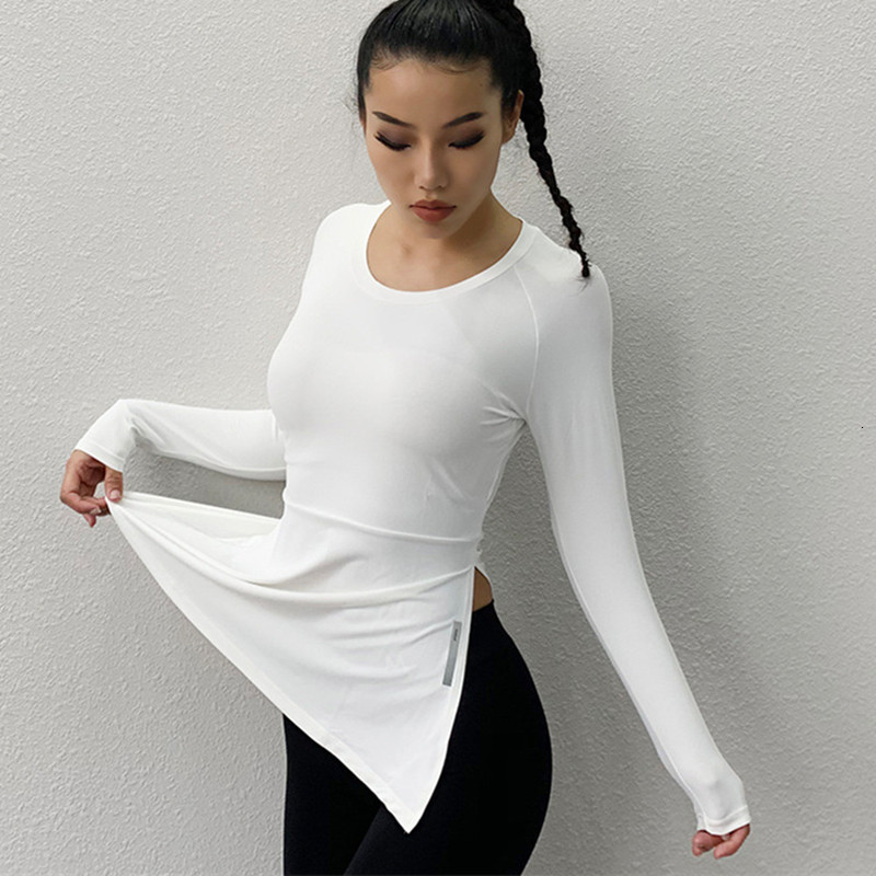 

New Long Sleeve Yoga Shirt Garment Women Side Slit Quick-dry Sports Fitness T-shirt Sexy Slim Gym Running T shirts, Black