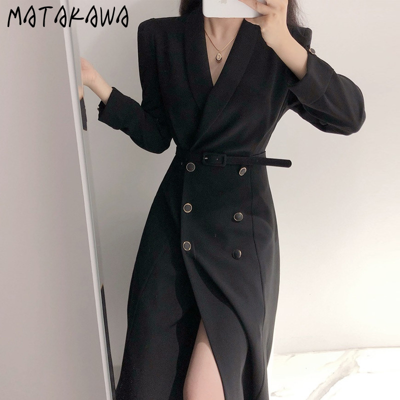 

MATAKAWA Drape Long Trench Coat Retro Ladies Coats 2020 New Autumn French Hepburn Turn-down Collar Women Suit Windbreaker, Black