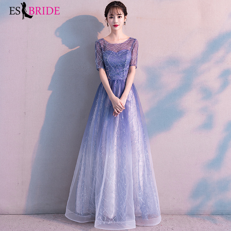 

Banquet Evening Dress Women 2020 New Spring Noble Simple Square Show Thin & Long Princess Fairy Misty Starry Dress, Gradient blue