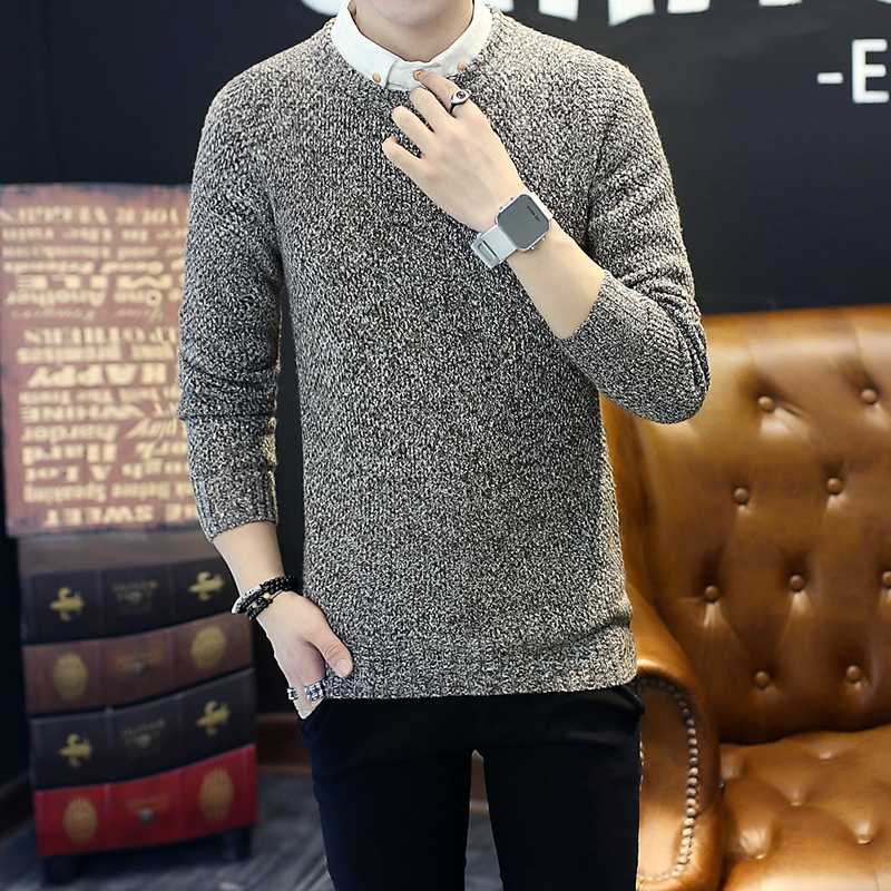 

youth New Fashion Autumn Casual Sweater O-Neck Solid Slim Fit Knitting Sweaters And Pullovers Men Pullover Male, Brown