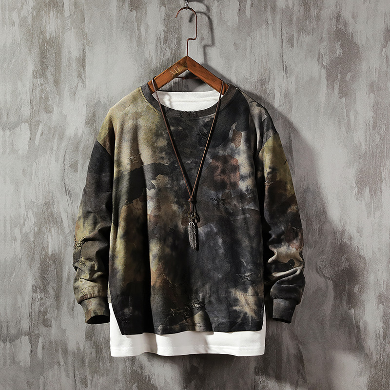 

Men's Streetwear Crewneck Sweatshirt Men 2020 Autumn print Ripped Japanese Street Harajuku Casual camouflage Hoodie Male Hoodies, Green camouflage