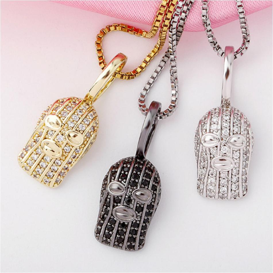 

925 Sterling Silver Black Cubic Zirconia Womens Terrorist Face Mask Pendant Necklace Full Bling Diamond Hip Hop Jewelry Gift for Ladies