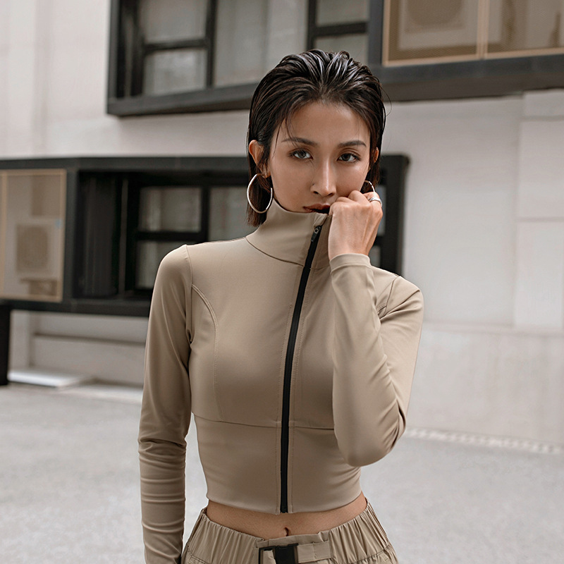 

Sports Fitness Clothes Female Spring and Autumn Tight Sexy Gym Tops Exposed Navel Long-sleeved Zipper Yoga Clothing Jacket Coat, Black