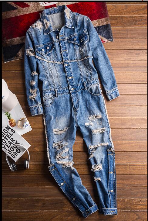 

XXXL 2020 new European and American retro fashion denim jumpsuit male hip hop hole jeans trend casual tooling jumpsuit, Blue