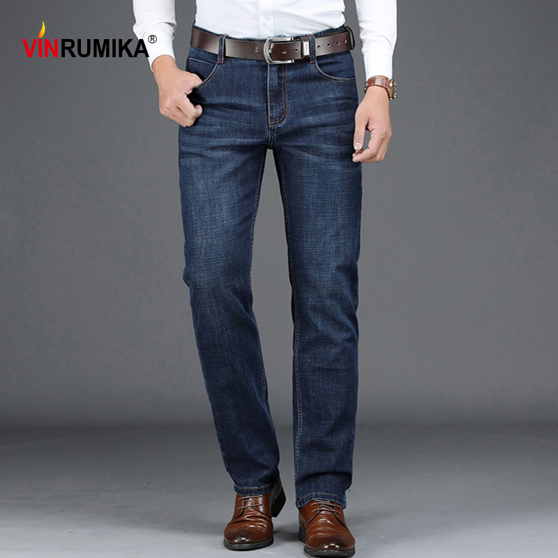

2020 Men's spring business casual brand high quality straight jeans man autumn denim blue thick pants black cowboy long trousers, 02 black blue