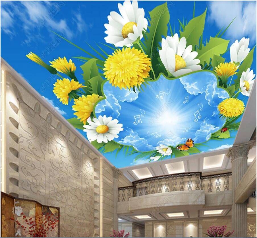 

3d ceiling murals wallpaper custom mural Atmospheric fresh blue sky white clouds flowers green leaves ceiling mural home decor painting, Non woven