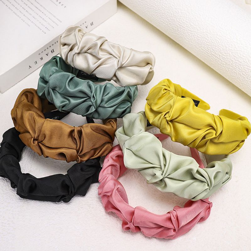 

Korean Women Sweet Elegant Wide Headband Bright Solid Candy Color Hair Hoop Wrinkled Ruched Cloth Wrapped Retro Headwear, Black