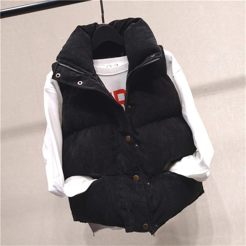 

and Pockets 20fw Womens Cotton Vest Stand Collar Sleeveless Womens Outerwear Ladies Button Coats with Zipper, Black