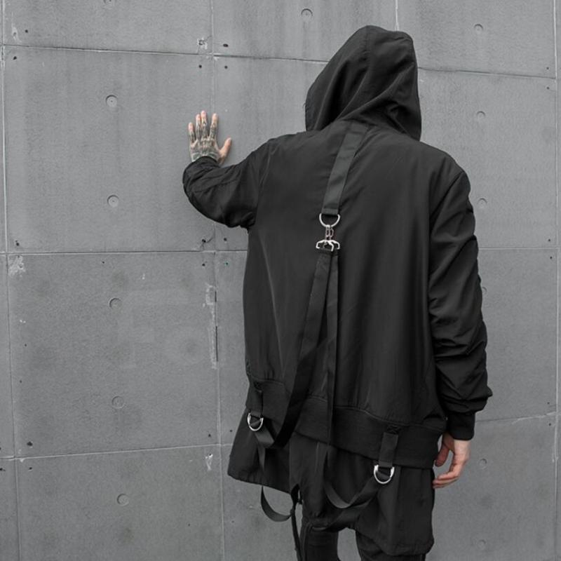 

Men autumn winter ribbons patchwork false two piece bomber jacket man vintage punk rock hip hop hooded long coat windbreaker, Black